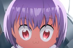 Rule 34 | 10s, 1girl, :3, bkub (style), close-up, commentary, constricted pupils, fisheye, gridman universe, mushi gyouza, parody, perspective, poptepipic, purple hair, red eyes, shinjou akane, short hair, solo, ssss.gridman, what