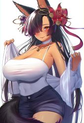 Rule 34 | absurdres, animal ears, bare shoulders, black hair, blush, breasts, camisole, cleavage, closed mouth, collarbone, commission, covered navel, cowboy shot, dark skin, flower, fox ears, fox tail, hair flower, hair ornament, hair over eyes, hair over one eye, highres, himeliofon, huge breasts, jewelry, long bangs, long hair, looking at viewer, necklace, original, red eyes, shirt, short shorts, shorts, simple background, smile, tail, taut clothes, taut shirt, very long hair, white background