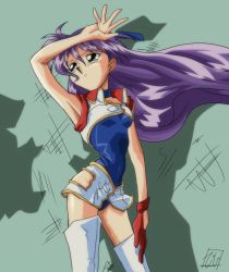 Rule 34 | 1girl, anime coloring, arm over head, blue leotard, closed mouth, cowboy shot, cropped jacket, dirty pair, dirty pair flash, expressionless, gloves, green background, highres, leotard, long hair, looking away, official style, purple hair, red gloves, retro artstyle, simple background, sind ngmhn28, single glove, solo, standing, thighhighs, white eyes, white thighhighs, yuri (dirty pair flash)