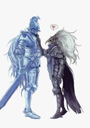 Rule 34 | 2boys, armor, banished knight oleg, cape, closed mouth, elden ring, full armor, gauntlets, greaves, heart, height difference, highres, long hair, armored boots, multiple boys, plume, simple background, smile, spoken heart, sword, tarnished (elden ring), tworain w, very long hair, weapon, white background