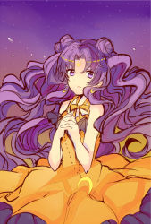 Rule 34 | 1990s (style), 1girl, bad id, bad pixiv id, bishoujo senshi sailor moon, bow, crescent, crescent facial mark, crescent necklace, dress, earrings, facial mark, forehead mark, hair bun, highres, jewelry, long hair, luna (sailor moon), luna (sailor moon) (human), necklace, own hands clasped, own hands together, personification, purple background, purple eyes, purple hair, retro artstyle, shimotsuki (ichiruki), single hair bun, solo, tears, yellow bow, yellow dress