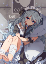 Rule 34 | 1girl, :o, ahoge, bandaged leg, bandages, barefoot, black dress, black necktie, blue eyes, blush, collar, collarbone, commentary request, dakimakura (object), detached collar, dress, feet, frilled dress, frills, g11 (girls&#039; frontline), girls&#039; frontline, hair between eyes, highres, hk416 (girls&#039; frontline), implied yuri, long hair, looking at viewer, maid, maid headdress, necktie, hugging object, parted lips, pillow, pillow hug, puffy short sleeves, puffy sleeves, short sleeves, silver hair, sitting, solo, toenails, toes, very long hair, white collar, wrist cuffs, zenyu