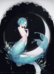 Rule 34 | 1other, :o, androgynous, aqua eyes, aqua hair, artist name, back, black background, completely nude, coral, crescent, crystal, fins, full body, houseki no kuni, looking away, looking down, mermaid, monster girl, nude, other focus, phosphophyllite, quiss, short hair, solo, sparkle, tiara, water drop, watermark, web address