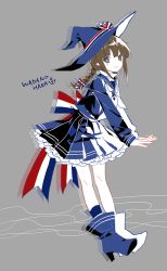 Rule 34 | 1girl, anchor, ankle boots, back bow, blue sailor collar, blue skirt, blunt bangs, boots, bow, braid, bright pupils, brown hair, dress, frilled skirt, frills, funamusea, grey eyes, hat, hat bow, io (sinking=carousel), leaning forward, long hair, long sleeves, multicolored bow, neckerchief, oounabara to wadanohara, pleated skirt, pointy ears, sailor collar, sailor dress, skirt, sleeves past wrists, smile, solo, twin braids, wadanohara, witch hat
