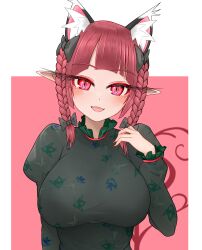 Rule 34 | 1girl, :d, absurdres, animal ear fluff, animal ears, black bow, blunt bangs, blush, bow, braid, breasts, cat ears, commentary request, dress, extra ears, eyelashes, fang, fingernails, green dress, hair bow, hair ribbon, hand up, highres, juliet sleeves, kaenbyou rin, large breasts, long hair, long sleeves, looking at viewer, nail polish, open mouth, pointy ears, puffy sleeves, red eyes, red hair, red nails, ribbon, sharp fingernails, slit pupils, smile, solo, straight-on, sugar you, touhou, tress ribbon, twin braids, upper body