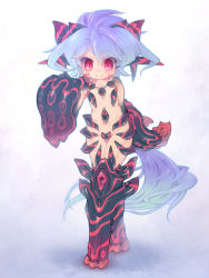Rule 34 | 1girl, armor, blue hair, highres, horns, mecha musume, original, red eyes, revealing clothes, sankuma, solo, tail