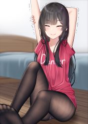 Rule 34 | 1girl, arm behind head, arm grab, bed, bedroom, black hair, black pantyhose, blunt bangs, blurry, blurry background, blush, closed eyes, clothes writing, commentary request, feet, fine fabric emphasis, gurande (g-size), hair ornament, hairclip, highres, hime cut, knee up, narumiya tsukasa, no shoes, original, pantyhose, red shirt, shirt, short sleeves, sidelocks, sitting, smile, solo, stretching, t-shirt, toes, trembling, wooden floor