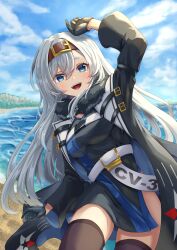 Rule 34 | 1girl, absurdres, alternate breast size, arm up, azur lane, beach, black coat, black dress, black gloves, black thighhighs, blue eyes, bon homme richard (azur lane), breasts, brown hairband, coat, commission, day, dress, gloves, hairband, happy, highres, hip focus, leaning forward, looking at viewer, medium breasts, ocean, open clothes, open coat, outdoors, pixiv commission, solo, teeth, thighhighs, thighs, upper teeth only, white hair, yam (yam6056)
