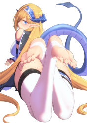Rule 34 | 1girl, arknights, ass, bare shoulders, blonde hair, blue eyes, blue hairband, blush, bottomless, breasts, closed mouth, commentary request, convenient leg, crossed ankles, dragon girl, dragon horns, dragon tail, feet, feet up, fingerless gloves, foot focus, foreshortening, from behind, full body, gloves, hair over one eye, hairband, highres, horns, large breasts, long hair, looking at viewer, looking back, lying, on stomach, pointy ears, saileach (arknights), simple background, smile, soles, solo, stirrup legwear, tail, the pose, thigh strap, thighhighs, toeless legwear, toes, very long hair, white background, white gloves, white thighhighs, yamauchi (conan-comy)