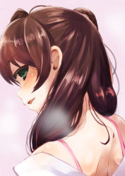 Rule 34 | 0141zucker, 1girl, back, bare shoulders, blush, bra, brown hair, green eyes, highres, long hair, looking at viewer, looking back, nape, off shoulder, open mouth, smile, solo, tamasaka makoto, tokyo 7th sisters, underwear, undressing