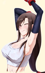 Rule 34 | 1girl, ;), arima kouichi, armpits, bare shoulders, black gloves, black hair, breasts, cleavage, collarbone, covered erect nipples, elbow gloves, final fantasy, final fantasy vii, gloves, large breasts, long hair, looking at viewer, low-tied long hair, midriff, no bra, one eye closed, red eyes, simple background, skirt, smile, solo, stretching, suspender skirt, suspenders, sweat, swept bangs, tank top, tifa lockhart, very long hair, yellow background