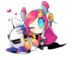 Rule 34 | 1boy, 1girl, armor, blush stickers, cape, closed eyes, commentary request, disembodied limb, gloves, hakaba (ksni tbn), heart, highres, holding hands, kirby: planet robobot, kirby (series), looking at viewer, meta knight, nintendo, one eye closed, pauldrons, pink hair, rayman limbs, shoulder armor, simple background, skirt, susie (kirby), sweat, white background, yellow gloves