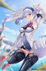 Rule 34 | 1girl, blue eyes, braid, breasts, cape, crown braid, curly hair, grey hair, head wings, highres, holding, juliet sleeves, long sleeves, looking at viewer, medium breasts, melia antiqua, o-ring, puffy sleeves, smile, solo, staff, thighhighs, wings, xenoblade chronicles: future connected, xenoblade chronicles (series), xenoblade chronicles 1, z-ki
