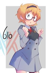 Rule 34 | 10s, 1girl, alternate costume, blonde hair, blush, commentary request, cosplay, cowboy shot, darling in the franxx, glasses, hairband, hys-d, little witch academia, looking at viewer, lotte jansson, short hair, solo
