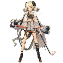 Rule 34 | 1girl, :q, arknights, black footwear, blonde hair, boots, breasts, canister, choker, cloak, dress, fire, flamethrower, flat chest, full body, gas tank, gradient hair, grey dress, grey hair, gun, hand up, holding, holding gun, holding weapon, horns, ifrit (arknights), leg strap, looking at viewer, low twintails, material growth, multicolored hair, nail polish, norizc, official art, orange eyes, orange nails, oripathy lesion (arknights), parted bangs, short dress, sidelocks, slit pupils, solo, striped clothes, striped dress, tachi-e, tail, thigh strap, toeless footwear, toenail polish, toenails, tongue, tongue out, transparent background, twintails, weapon, white cloak