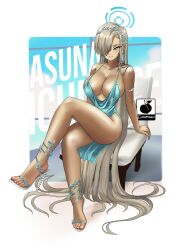 Rule 34 | 1girl, alternate costume, armlet, artist logo, artist name, asuna (blue archive), bare legs, blue archive, blue eyes, blue halo, blush, breasts, character name, collarbone, commentary, crossed legs, diffraction spikes, dress, earrings, eyelashes, feet, full body, grey hair, hair over one eye, halo, highres, jewelry, large breasts, legs, linkartoon, long hair, nail polish, one eye covered, outdoors, revealing clothes, sandals, short dress, sitting, smile, solo, sparkle, strappy heels, tan, tiara, toenail polish, toenails, toes, very long hair, white nails