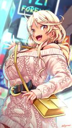 Rule 34 | abazu-red, artist request, blonde hair, breasts, cleavage, dark skin, earrings, jewelry, large breasts, looking at viewer, ouga saki, ponytail, shiny skin, smile, upper body, virtual youtuber