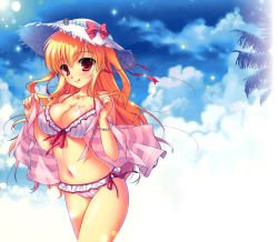Rule 34 | 1girl, :q, absurdres, bikini, blonde hair, blush, bracelet, breasts, cleavage, cloud, day, frilled bikini, frills, front-tie top, hair ribbon, hat, highres, jewelry, large breasts, light rays, looking at viewer, mikeou, navel, neck ribbon, necklace, red eyes, ribbon, scan, shiny skin, side-tie bikini bottom, sky, solo, striped bikini, striped clothes, sun, sun hat, sunlight, swimsuit, tareme, tongue, tongue out, two side up, undressing, vertical-striped bikini, vertical-striped clothes, walking