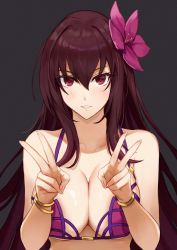 Rule 34 | alternate costume, bikini, bracelet, breasts, cleavage, clenched teeth, collarbone, double v, fate/grand order, fate (series), fingernails, flower, grey background, hair flower, hair intakes, hair ornament, hibiscus, highres, jewelry, kakumayu, large breasts, looking at viewer, parted lips, pink bikini, purple bikini, purple hair, red eyes, scathach (fate), scathach (fate), scathach (swimsuit assassin) (fate), simple background, smile, solo, swimsuit, teeth, v