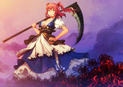 Rule 34 | 1girl, aomusi86, bad id, bad pixiv id, breasts, cleavage, female focus, flower, hair bobbles, hair ornament, hand on own hip, highres, large breasts, onozuka komachi, red eyes, red hair, scythe, short hair, solo, spider lily, touhou, twintails, two side up