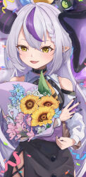 Rule 34 | 1girl, absurdres, ahoge, ascot, bare shoulders, bird, black dress, black horns, black nails, bouquet, braid, braided bangs, crow (la+ darknesss), detached sleeves, dress, fangs, flower, highres, holding, holding bouquet, hololive, horns, la+ darknesss, la+ darknesss (1st costume), looking at viewer, manta shinkai, multicolored hair, nail polish, pinafore dress, pointy ears, purple hair, sleeveless, sleeveless dress, smile, streaked hair, striped horns, virtual youtuber, yellow ascot, yellow eyes