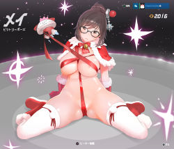 Rule 34 | 1girl, 2016, arm support, artist name, beads, bell, between breasts, black-framed eyewear, blush, boots, bow, bowtie, breasts, brown eyes, brown hair, capelet, christmas, closed mouth, eyelashes, frown, full body, fur-trimmed boots, fur trim, glasses, gloves, hair bun, hair ornament, hair stick, large breasts, looking at viewer, looking to the side, mei (overwatch), naked ribbon, nude, overwatch, overwatch 1, pink crown (pinkcrownpink), pom pom (clothes), pulling, red bow, red bowtie, red footwear, red gloves, red ribbon, ribbon, santa costume, shiny skin, sidelocks, single hair bun, sitting, skindentation, smile, snowball (overwatch), solo, stomach, swept bangs, thigh strap, thighhighs, underboob, wariza, white thighhighs