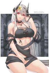 Rule 34 | 1girl, absurdres, arknights, black horns, breasts, commission, ear piercing, flower, hair flower, hair ornament, highres, horns, indoors, jewelry, large breasts, looking at viewer, melowh, mudrock (arknights), necklace, piercing, pointy ears, red eyes, ringed eyes, sitting, solo, spaghetti strap, white hair