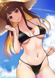 Rule 34 | 1girl, bikini, black bikini, blue sky, blush, breasts, brown hair, c (theta), cleavage, closed mouth, cloud, cloudy sky, collarbone, commentary, contrail, covered erect nipples, cowboy shot, day, embarrassed, eyelashes, furrowed brow, gluteal fold, groin, hat, highres, idolmaster, idolmaster million live!, lips, long hair, medium breasts, navel, outdoors, red eyes, signature, skindentation, sky, solo, stomach, straight hair, strap pull, straw hat, string bikini, swimsuit, tanaka kotoha