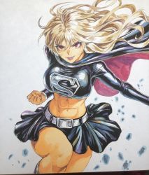 Rule 34 | 1girl, alternate costume, animification, blonde hair, bodysuit, breasts, cape, clothing cutout, commentary, commentary request, crop top, dc comics, fujii eishun, highres, leotard, looking at viewer, medium breasts, muscular, muscular female, navel, red eyes, solo, supergirl, superhero costume, superman (series)