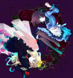 Rule 34 | 2girls, blonde hair, blue eyes, blue skirt, boots, brown hair, crown, dress, floral background, flower, frills, full body, knee boots, lily (shiei no sona-nyl), long hair, multiple girls, purple background, purple flower, purple rose, red flower, red rose, rose, rose witch, rotational symmetry, see-through, shiei no sona-nyl, shoes, short hair, skirt, ssscheme, steampunk (liarsoft)