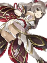 Rule 34 | ass, bare shoulders, bent over, blunt bangs, boots, commentary request, detached sleeves, gloves, highres, leotard, long hair, long sleeves, looking at viewer, low twintails, mosamune, nia (blade) (xenoblade), nia (xenoblade), nintendo, niyah, off shoulder, silver hair, simple background, smile, solo, spoilers, thigh boots, thighhighs, twintails, very long hair, white background, wide sleeves, xenoblade chronicles (series), xenoblade chronicles 2