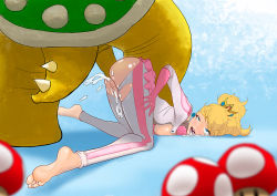 Rule 34 | 1girl, ahegao, alternate costume, anal, anus, ass, barefoot, blonde hair, blue eyes, bowser, breast press, breasts, breasts out, clothed sex, crown, cum, cum in ass, cum in mouth, cum in pussy, feet, fucked silly, geggamoja, mario (series), mario kart, monster, nintendo, penis, princess peach, pussy, rolling eyes, sex, sideboob, super mario bros. 1, super mushroom, tears, top-down bottom-up, torn clothes