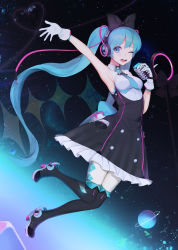 Rule 34 | 1girl, :d, absurdres, armpits, bad id, bad twitter id, black bow, black dress, black thighhighs, blue eyes, blue hair, blue necktie, bow, dress, gloves, hair bow, hand up, hatsune miku, headphones, heart, high heels, highres, holding, holding microphone, looking at viewer, magical mirai miku, magical mirai miku (2016), microphone, necktie, one eye closed, open mouth, oyabuli, round teeth, saturn (planet), smile, solo, space, string, string of fate, teeth, thighhighs, twintails, upper teeth only, vocaloid, white gloves
