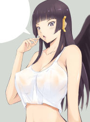 Rule 34 | 1girl, bare arms, bare shoulders, bird wings, black hair, black wings, blouse, breasts, cleavage, covered erect nipples, crop top, dead or alive, dead or alive 5, hair tubes, hime cut, konishiki (52siki), large breasts, long hair, looking at viewer, no bra, nyotengu, open mouth, purple eyes, shirt, solo, speech bubble, tank top, upper body, wet, wet clothes, wet shirt, white shirt, wings