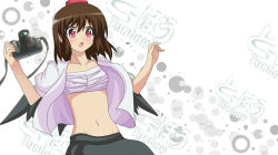 Rule 34 | 1girl, bad id, bad pixiv id, bandages, brown hair, camera, female focus, hat, looking at viewer, md5 mismatch, navel, open clothes, open mouth, open shirt, parody, r-15 (series), red eyes, rokino, sarashi, shameimaru aya, shinekalta, shirt, solo, style parody, tokin hat, touhou, wings