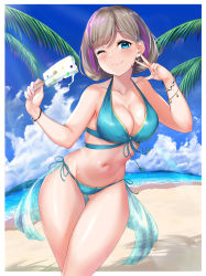 Rule 34 | 1girl, absurdres, beach, bikini, blue eyes, bob cut, bracelet, breasts, brown hair, cleavage, cloud, commentary request, cowboy shot, crossed legs, earrings, food, front-tie bikini top, front-tie top, gluteal fold, halterneck, highres, holding, holding food, ice cream, jewelry, large breasts, looking at viewer, love live!, love live! superstar!!, mountain, multicolored hair, navel, one eye closed, palm tree, popsicle, purple hair, rama (yu-light8), shiny skin, short hair, side-tie bikini bottom, skirt, smile, solo, stomach, streaked hair, swimsuit, tang keke, tree, w