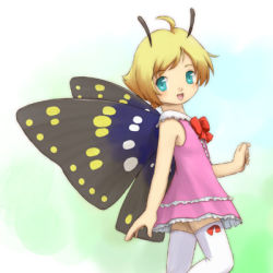 Rule 34 | 1boy, antennae, bug, butterfly, crossdressing, dress, fairy, gradient background, insect, insect wings, lowres, male focus, pink dress, shimon (shimotsuma), shimotsuma, solo, thighhighs, trap, wings