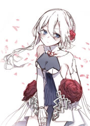 Rule 34 | 1girl, absurdres, bare shoulders, blue eyes, breasts, cleavage, closed mouth, dress, elbow gloves, flower, gloves, hair between eyes, hair flower, hair ornament, highres, long hair, petals, red flower, red rose, rico tta, rose, simple background, sinoalice, snow white (sinoalice), solo, white background, white dress, white gloves, white hair