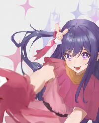 Rule 34 | 1girl, absurdres, commentary, dress, frilled dress, frills, gloves, hair ornament, highres, hoshino ai (oshi no ko), long hair, nhan (13 nhan), one side up, open mouth, oshi no ko, pink dress, pink gloves, purple eyes, purple hair, rabbit hair ornament, smile, solo, sparkle, star-shaped pupils, star (symbol), symbol-shaped pupils, teeth