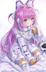 Rule 34 | 1girl, absurdres, animal ears, animal hands, azur lane, blue eyes, blush, bow, brown sweater, coat, commentary request, dress, earmuffs, fake animal ears, fur-trimmed coat, fur trim, gloves, hair intakes, hair ornament, hair ribbon, hand up, highres, long hair, long sleeves, looking at viewer, lotpi, no shoes, paw gloves, pom pom (clothes), purple hair, ribbon, sidelocks, sitting, sleeves past fingers, sleeves past wrists, smile, snow, solo, spikes, sweater, sweater dress, tashkent (azur lane), thighhighs, wariza, white background, white bow, white coat, white thighhighs, wide sleeves, winter clothes, winter coat