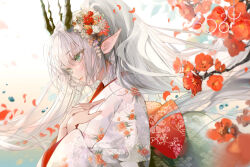 Rule 34 | 1girl, 2024, chinese zodiac, dragon horns, falling petals, floral print kimono, green eyes, grey hair, hand on own chest, happy new year, horns, japanese clothes, kimono, kinokohime, layered clothes, layered kimono, looking to the side, new year, obi, original, petals, pointy ears, red kimono, red sash, sash, seigaiha, solo, tree, white kimono, year of the dragon