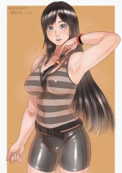Rule 34 | 1girl, adjusting hair, arm up, armpits, bike shorts, black eyes, black hair, blush, breasts, cameltoe, cleavage, dead or alive, groin, hair ornament, kokoro (doa), long hair, looking at viewer, open mouth, shirt, solo, standing, striped clothes, striped shirt, sweat, sweatdrop, tank top, watch, wristwatch, zenkou