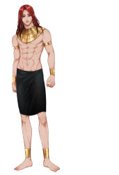 Rule 34 | 1boy, abs, absurdres, anklet, armband, black skirt, clenched hand, clenched hands, commentary request, earrings, egyptian, egyptian clothes, ennead, eyeliner, full body, gold, gold anklet, gold armband, gold bracelet, gold earrings, gold necklace, gold wristbands, highres, jewelry, long hair, makeup, male focus, muscular, muscular male, necklace, nipples, red eyes, red hair, seth (ennead), shendyt, skirt, solo, standing, tagme, toned, toned male, toned stomach, topless, topless male, usekh collar, white background