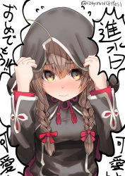 Rule 34 | 1girl, black capelet, black dress, blush, braid, breasts, brown eyes, brown hair, capelet, dress, hair ribbon, highres, hood, hood up, hooded capelet, kantai collection, large breasts, long hair, long sleeves, one-hour drawing challenge, red ribbon, ribbon, shinshuu maru (kancolle), solo, twin braids, zombie mogura