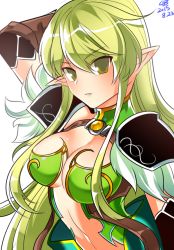 Rule 34 | 10s, 1girl, 2015, bad id, bad pixiv id, dated, elsword, expressionless, green eyes, green hair, karmaho, long hair, matching hair/eyes, night watcher (elsword), pointy ears, rena erindel, revealing clothes, shiny skin, shoulder pads, sidelocks, solo, white background