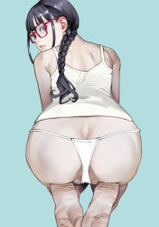 Rule 34 | 1girl, ass, bare shoulders, barefoot, bikini, black hair, blue background, braid, braided ponytail, brown eyes, butt crack, closed mouth, feet, from behind, glasses, highres, inamitsu shinji, leaning forward, lips, long hair, looking at viewer, looking back, original, paid reward available, panties, red-framed eyewear, seiza, shirt, simple background, single braid, sitting, soles, solo, string panties, swimsuit, underwear, white hair, white panties, white shirt