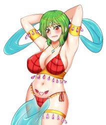 Rule 34 | 1girl, arabian clothes, arm strap, armpits, arms behind head, arms up, bandeau, blush, bra, breasts, bustier, cleavage, dancer, embarrassed, gold, green hair, harem outfit, jewelry, kazami yuuka, large breasts, loincloth, midriff, navel, necklace, panties, pelvic curtain, pendant, plaid, plaid bra, plaid panties, pubic tattoo, puck100ml, red bra, red eyes, red panties, revealing clothes, see-through, short hair, simple background, solo, tattoo, thigh strap, thighs, touhou, underwear, white background