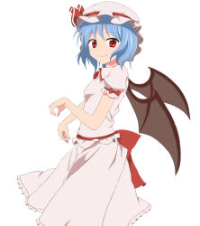 Rule 34 | 1girl, bad id, bad pixiv id, bat wings, blue hair, bow, brooch, fang, female focus, goro, hat, jewelry, large bow, red eyes, remilia scarlet, short hair, smile, solo, touhou, wings