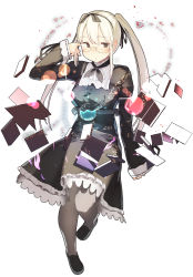 Rule 34 | 1girl, arm up, bad id, bad pixiv id, black dress, black footwear, black ribbon, blonde hair, blush, book, breasts, brown hair, buttons, dress, expressionless, eyebrows, flask, floating, floating book, floating object, frilled dress, frills, full body, fuu fuu, glasses, hair ribbon, hairband, highres, large breasts, leg up, lens flare, liquid, long hair, long sleeves, magic, neckerchief, original, pantyhose, ribbon, rimless eyewear, shoes, simple background, sleeves past wrists, solo, standing, standing on one leg, twintails, white background