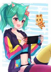 Rule 34 | 1girl, :d, ahoge, animal ears, asymmetrical legwear, blush, cat ears, closed eyes, collarbone, commission, fingernails, flower-shaped pupils, green eyes, green hair, handheld game console, highres, hiiragi kei, holding, holding handheld game console, hood, hooded jacket, indie virtual youtuber, jacket, midriff, mismatched legwear, multicolored nails, nail polish, navel, nintendo switch, open clothes, open jacket, open mouth, pink thighhighs, ponytail, rosedoodle (vtuber), simple background, sitting, skeb commission, smile, solo, symbol-shaped pupils, tank top, thighhighs, virtual youtuber, yellow thighhighs